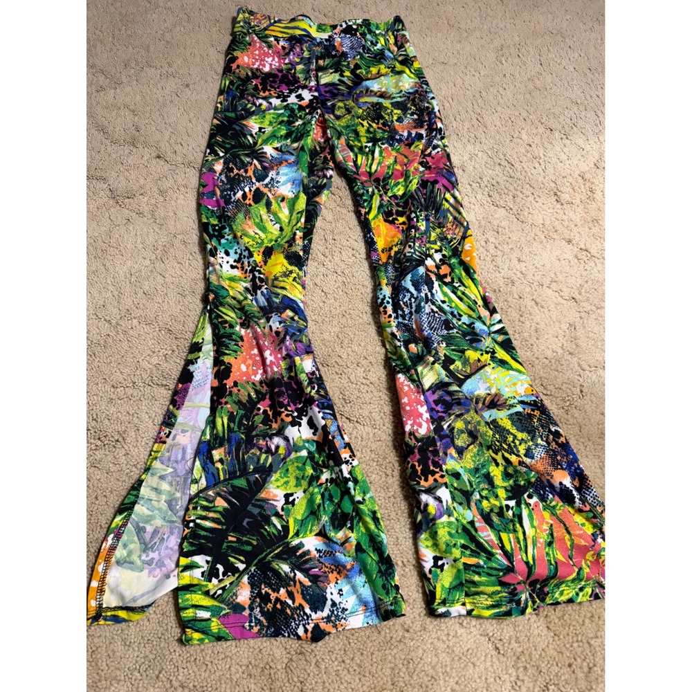 Eye Candy Womens Tropical Animal Print Flare Leg Bell Bottom Pants Side Slit M